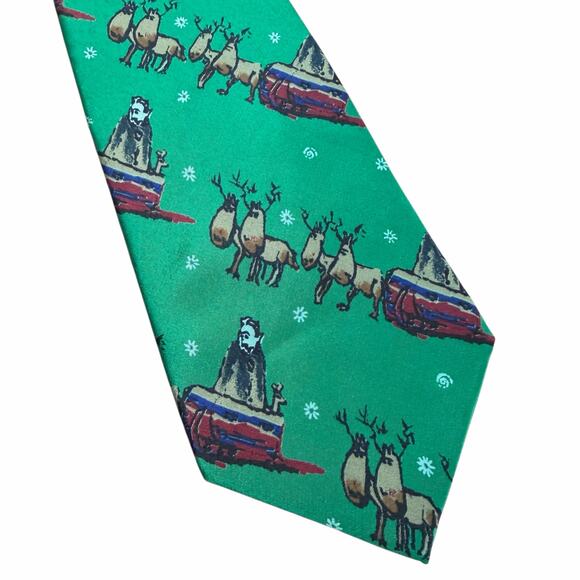 VINTAGE GREEN JERRY GARCIA CHRISTMAS TIE 80-90s REINDEER 100% SILK RETRO HOLIDAY - Picture 2 of 3
